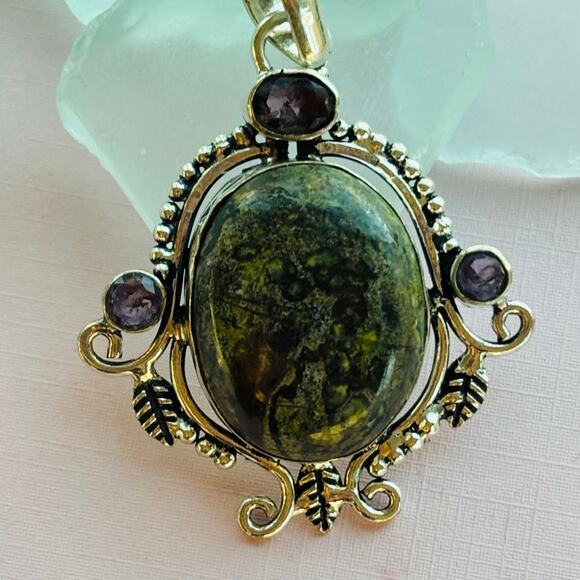 925 Sterling Dragon Blood Stone & Amethyst Pendant - Picture 3 of 5